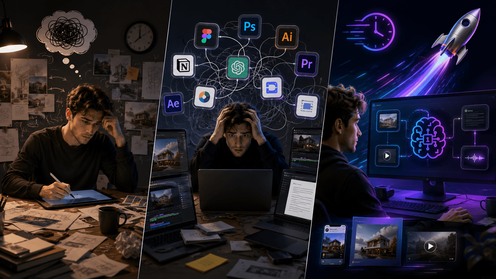 El recorrido de un diseñador desde la lluvia de ideas y los retos del flujo de trabajo hasta una creación digital eficiente.
