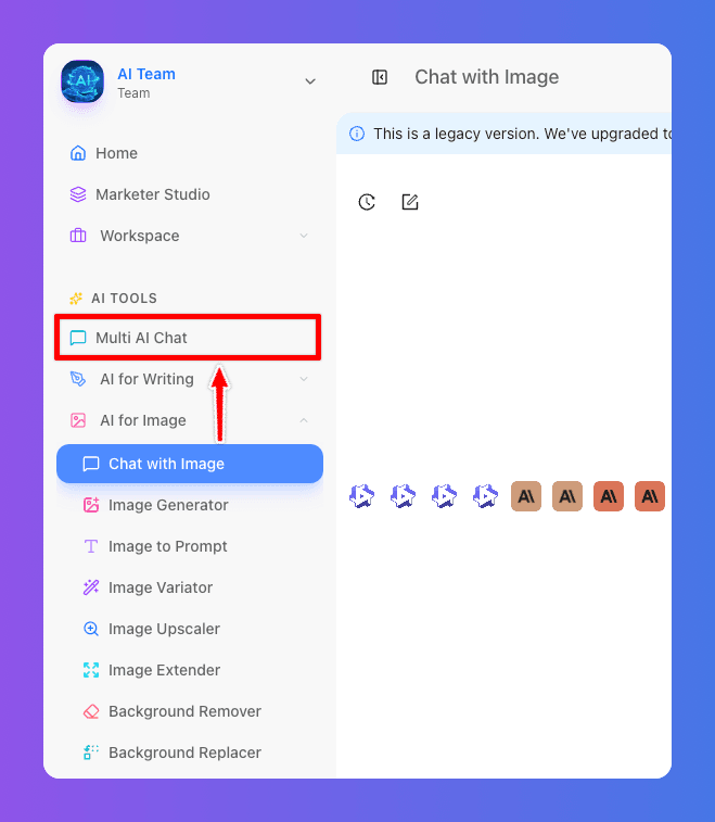 Desktop app interface highlighting 'Chat with Image' and 'Multi-AI Chat' options in a sidebar menu.