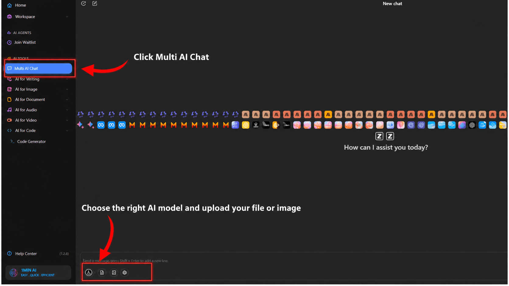 Dark-themed AI chat interface highlighting "Multi AI Chat" and file upload options.