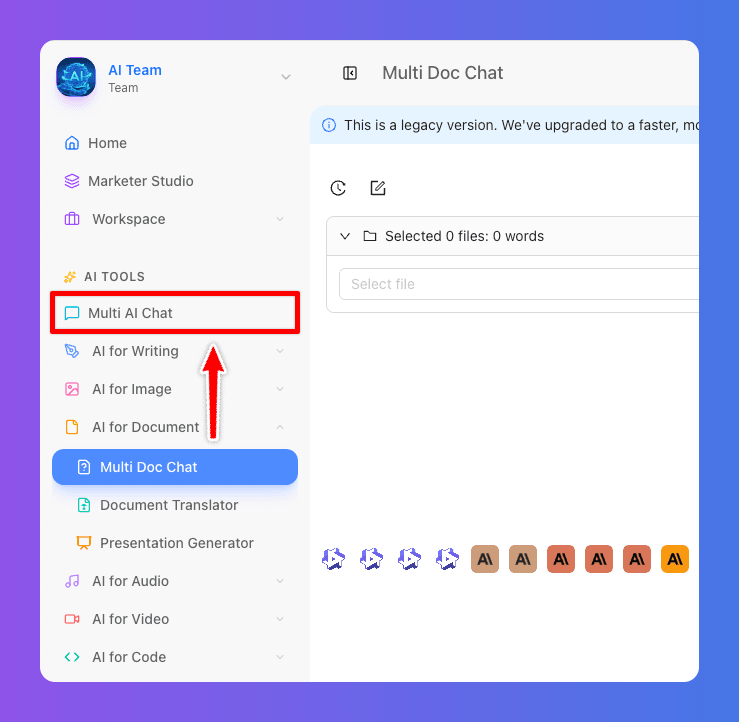 AI software interface showing 'Multi Doc Chat' selected in the left navigation sidebar.