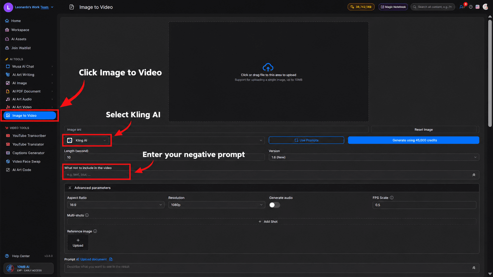 Video creation tool interface demonstrating 'Image to Video' selection and negative prompt input.