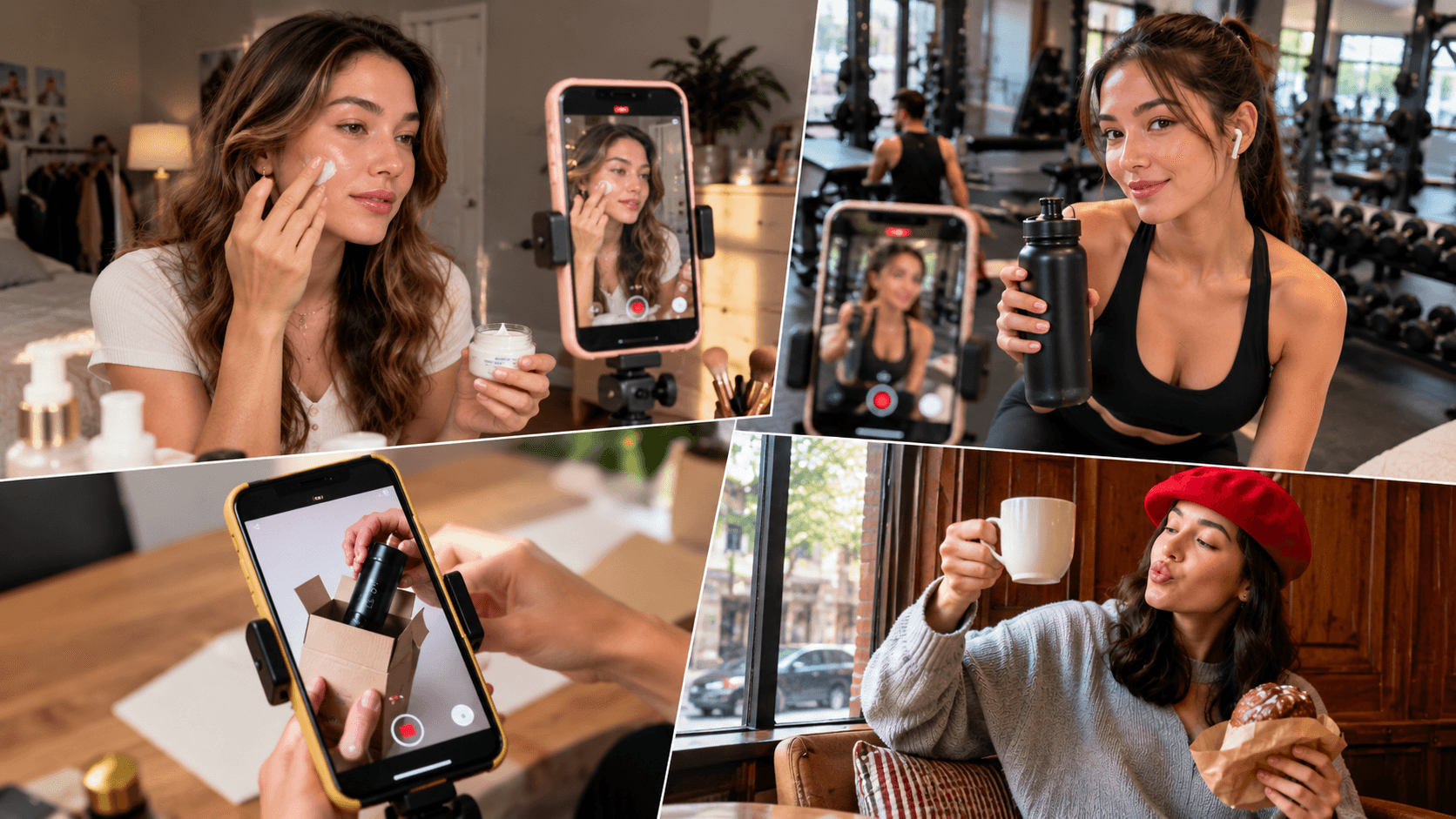 Woman films herself for social media content creation, featuring beauty, fitness, unboxing, and lifestyle.