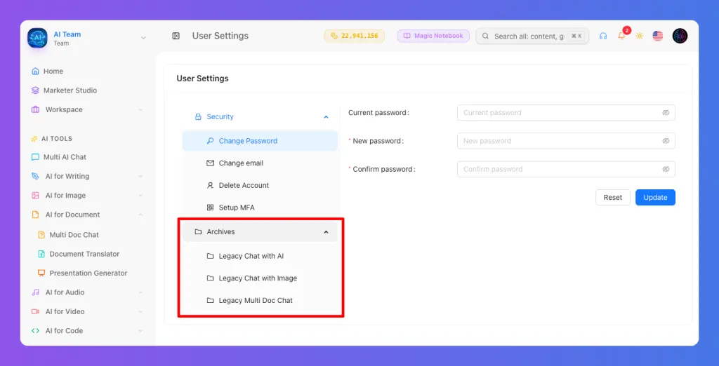 Web application user settings showing an API setup dropdown with AI model options.