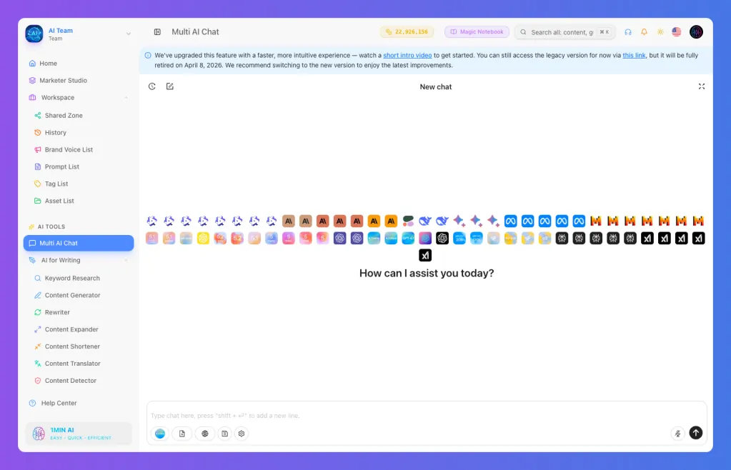 AI chat interface displaying a message input field, an array of icons, and a navigation sidebar.