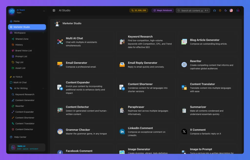 Dark-themed AI content creation platform interface showcasing various generative AI tools.