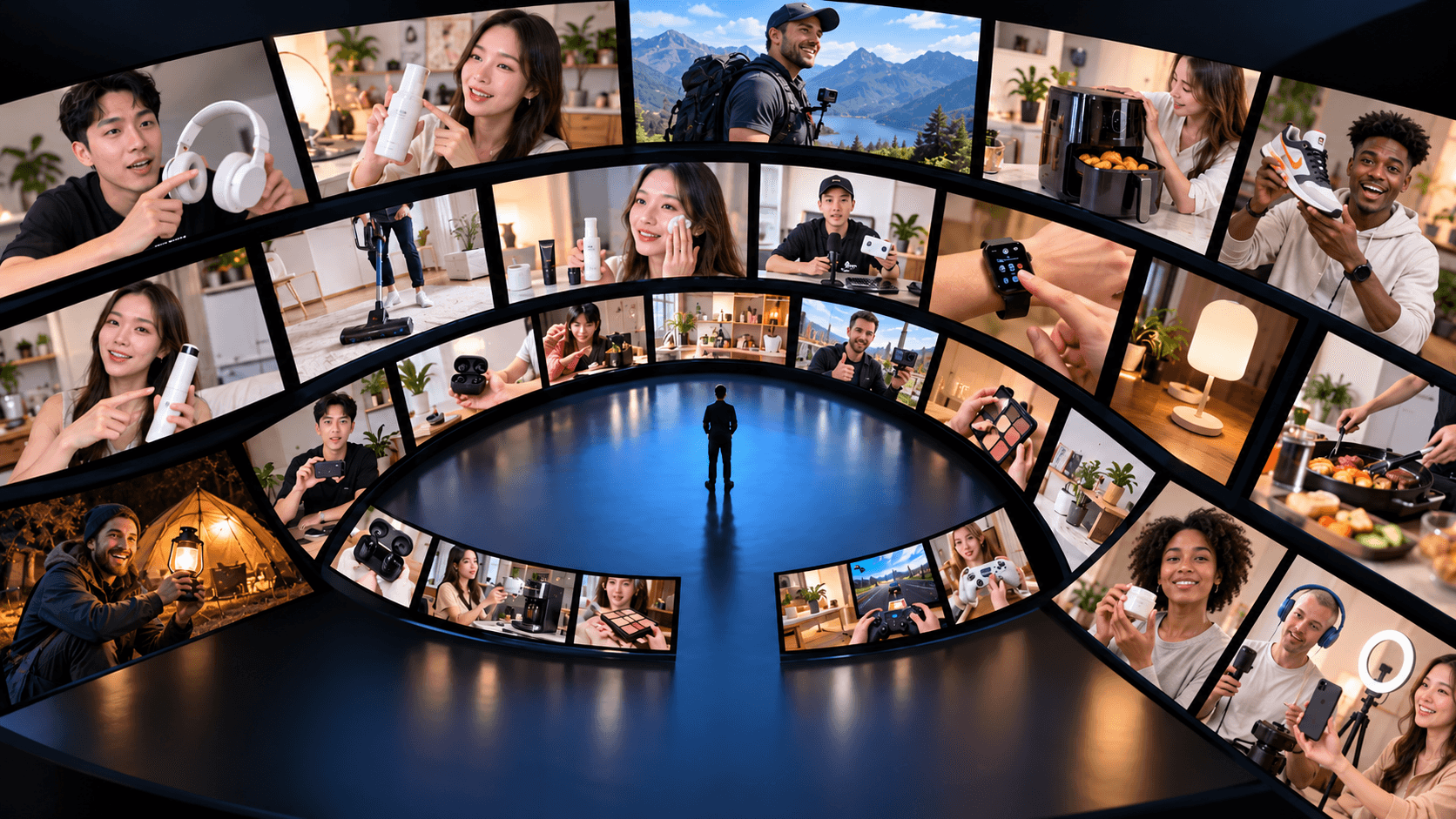 A man observes a large, curved screen showcasing many diverse content creators.