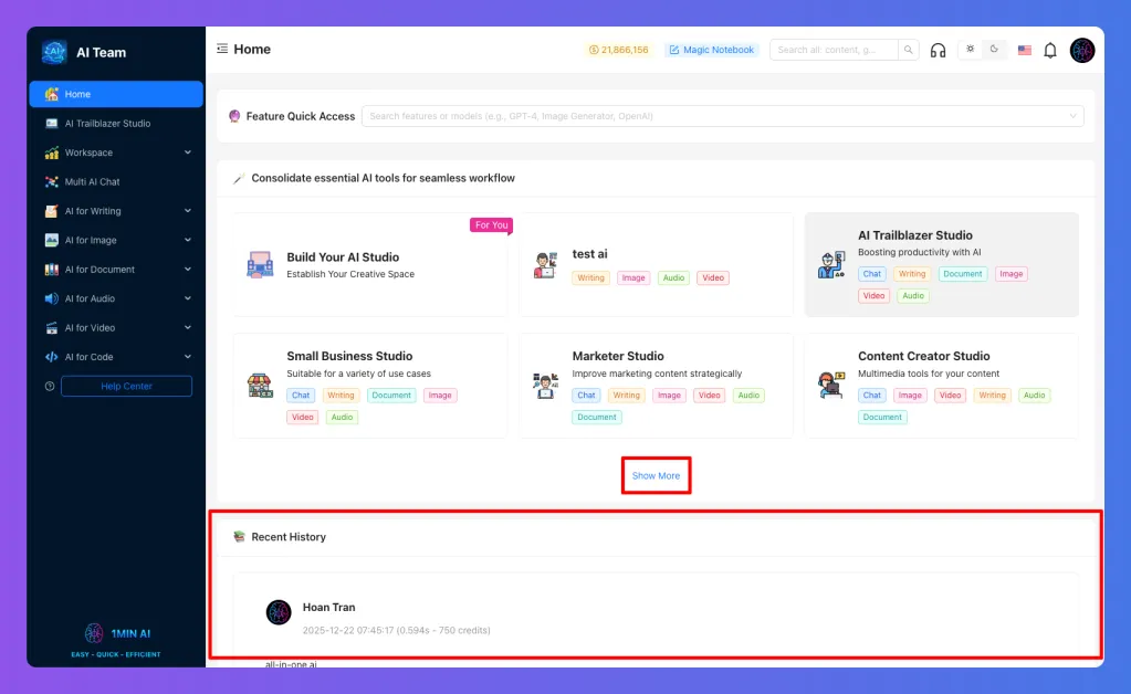 AI Types Studio dashboard showing various AI studio options and navigation sidebar.