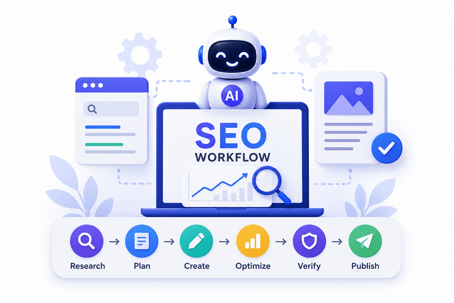 AI robot on a laptop illustrating a complete SEO workflow process with defined stages.