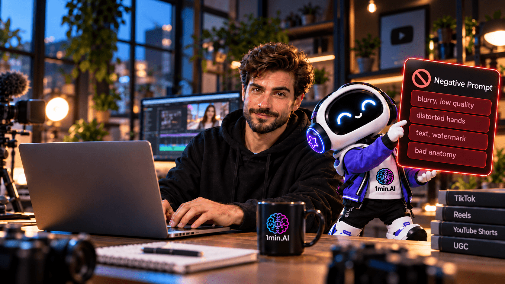 Man edits video on laptop with a robot holding a "Negative Prompt" sign.