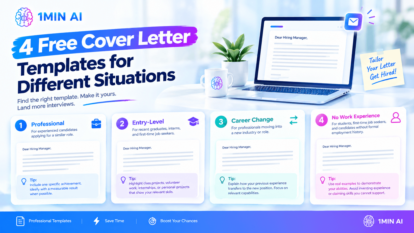 1MIN AI offers four free cover letter templates for various job application situations.