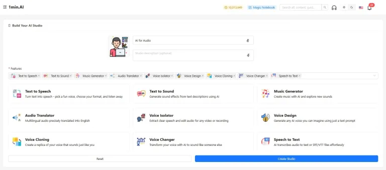 Sendin.AI Studio dashboard featuring AI tools for text-to-speech, translation, and content generation.