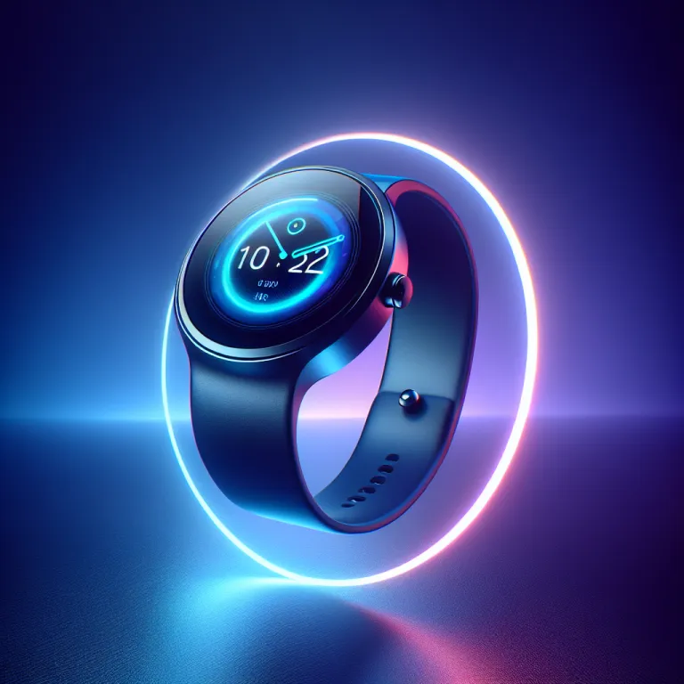 Dark smartwatch with a bright blue digital display encircled by a glowing neon ring.