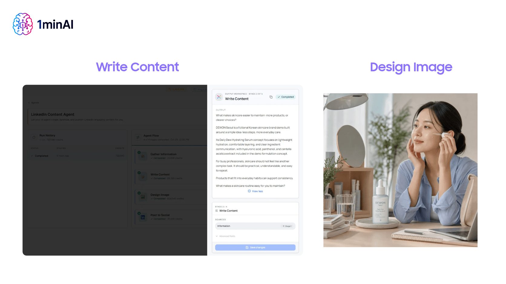 1minAI platform showcasing content writing interfaces and a woman designing an image.