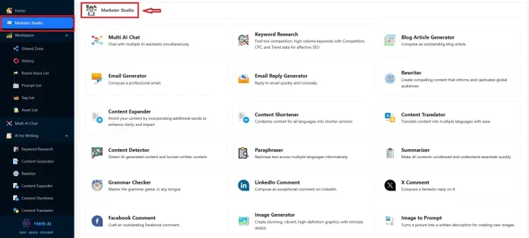 Software interface displaying various content generation tools with "Generate New Content" highlighted.