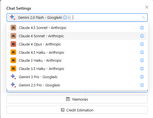 Chat settings menu displaying a list of AI models like Gemini and Claude for selection.