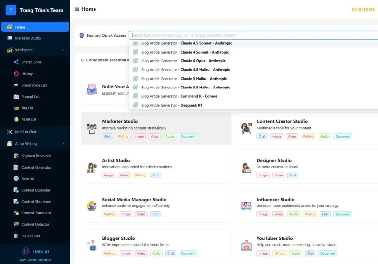 Software interface with a search bar, sidebar navigation, and various creative studios displayed.