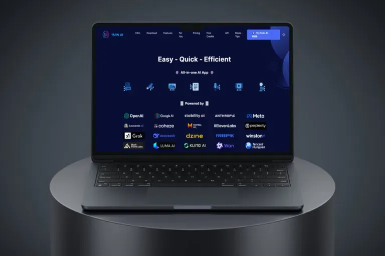 Sleek black laptop displaying a dark interface with 'Easy - Quick - Efficient' text and logos.