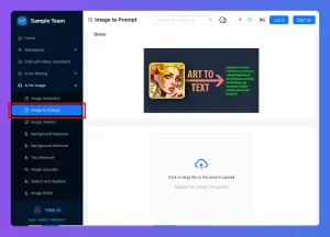 UI screenshot of an 'Image to Prompt' tool, showing an image-to-text conversion process.