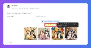 Screenshot of a review platform showing four AI-generated cute dog images and a five-star rating.