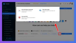 Software interface showing a dropdown menu with chat options like Knowledge, Google, and PDF.