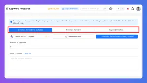 A screenshot of a keyword research tool with the 'Generate Keywords and Statistics' button highlighted.