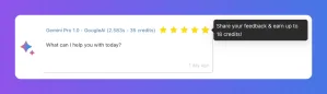 AI chatbot interface with a five-star rating and a tooltip for user feedback and credits.