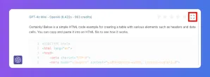 AI interface shows HTML code for a table with headers, data cells, and a maximize icon.