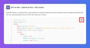 HTML code example for a table in a UI, copy icon highlighted.