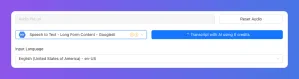 Speech-to-text interface showing a content input field and 'Generate 1000 credits' button.