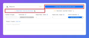 Interface for adding images with an upload field and an AI content creation button.