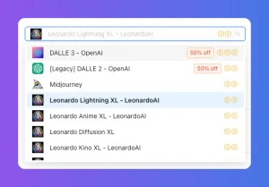 A dropdown list displaying various AI image generation models, with Leonardo Lightning XL selected.