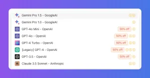 Menu list of AI models including Gemini, GPT, and Claude, with 50% discounts visible.