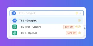 Dropdown menu displaying TTS options from GoogleAI and OpenAI, with some showing 50% off.