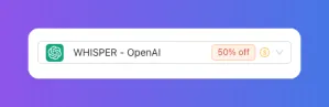 OpenAI Whisper application bar showing a 50% off discount offer.