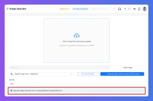 Image upscaler software interface with a file upload area and a highlighted premium subscription detail.