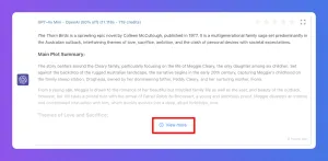 A screen displaying AI-generated text about a novel, with a prominent 'Make more' button.
