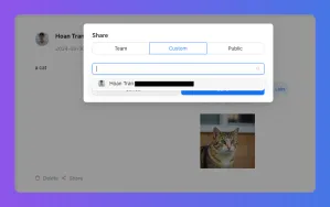 A web interface displays a 'Share' pop-up with 'Custom' selected and an input field.