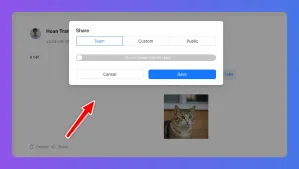 A 'Share' dialog box with sharing options, a small cat image, and a red arrow.