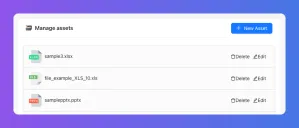 Asset management UI with file list, delete, edit, and new asset functionality.