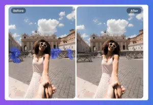 Photo editing comparison removing background objects from a city scene with a woman.