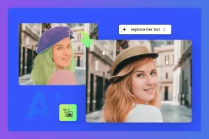 AI image editor replaces woman's hat and hair, guided by the 'replace her hat' prompt.