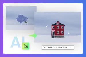 AI image editing shows a tree replaced by a red house in a snowy landscape.