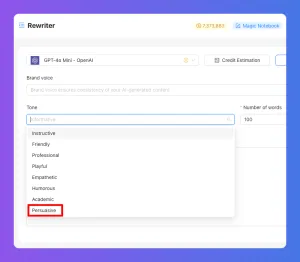 Rewriter software interface showing 'Persuasive' selected in a text style suggestion dropdown.