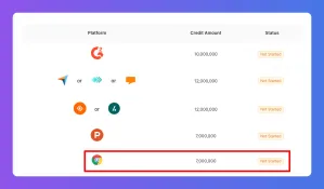 A table showing partners, credit amounts, and 'Not started' status, with Google highlighted.