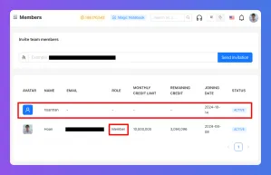 Members page showing a user list with "marian" active and "Anish" designated as an admin.