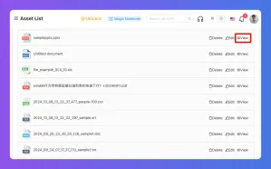 Screenshot of an asset list interface showing various files and actions, with a 'drive' button highlighted.