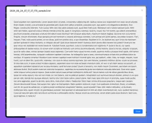 Modal window displaying a text file with Lorem Ipsum content and a close button.