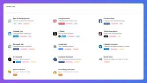 Digital dashboard displaying various content generation tools like blog, social media posts, and ads.