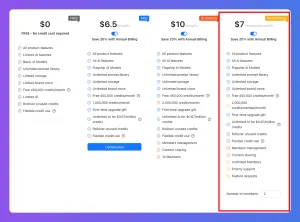 Pricing comparison table showing free, $6.5, $10, and $7 plans with listed features.