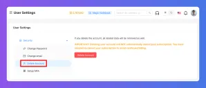 Interfaz de configuración de usuario que muestra la opción 'Eliminar cuenta' resaltada con un mensaje de advertencia.